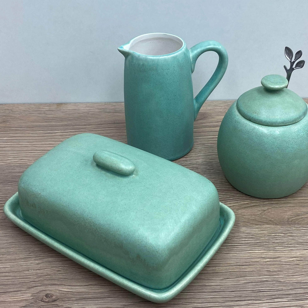 Butter Dish, Sugar Bowl and Cream Jug Set - Cornish Copper Glaze