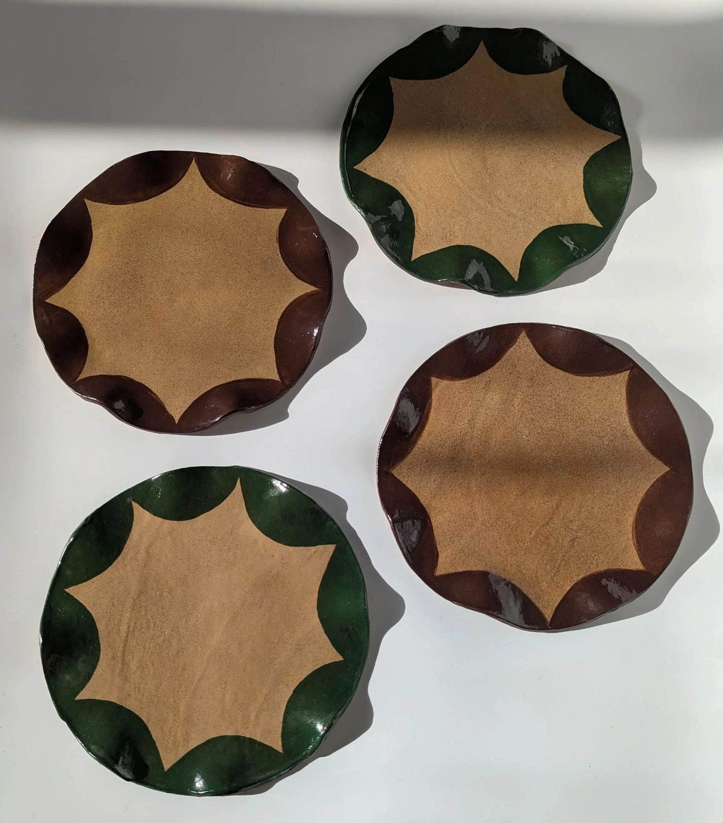 Set of 4 Green & Brown Wavy Scalloped Side Plates