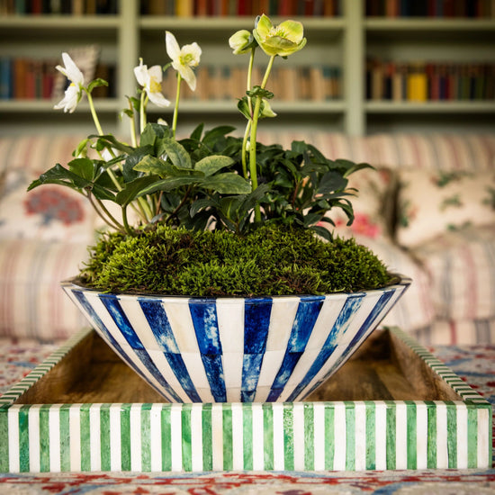 Large Bone Inlay Bowl | Blue & White | Striped