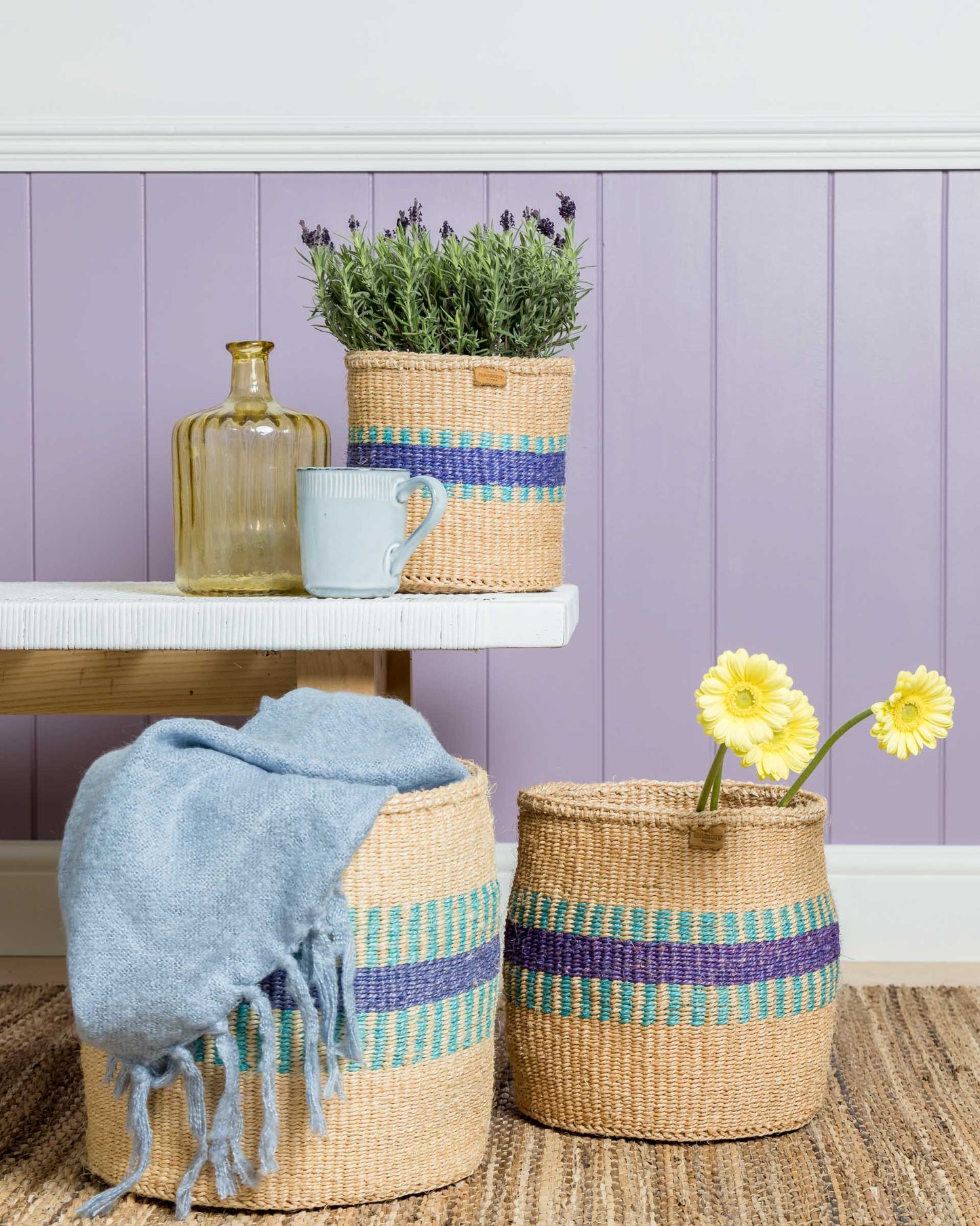 HUDUMA: Purple & Blue Stripe Woven Storage Basket