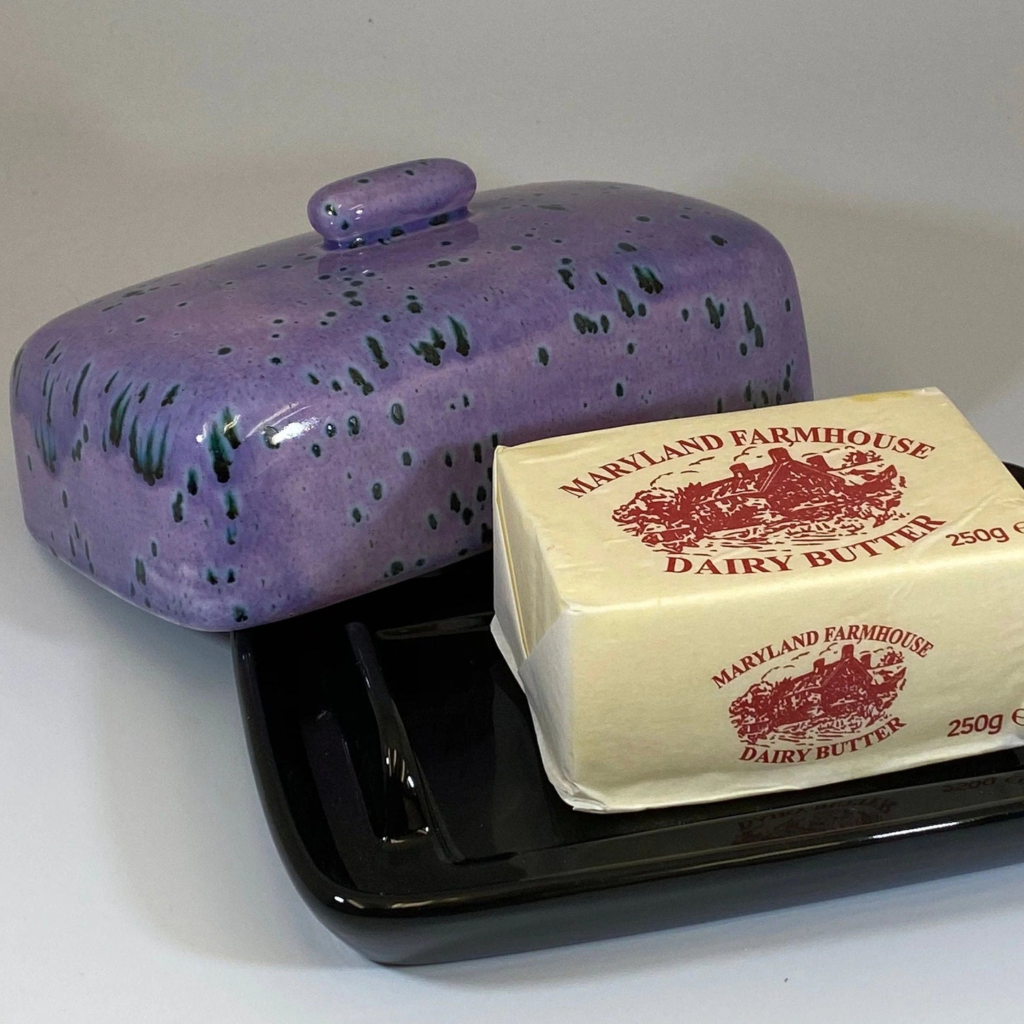 Butter Dish with Purple Speckle Glaze