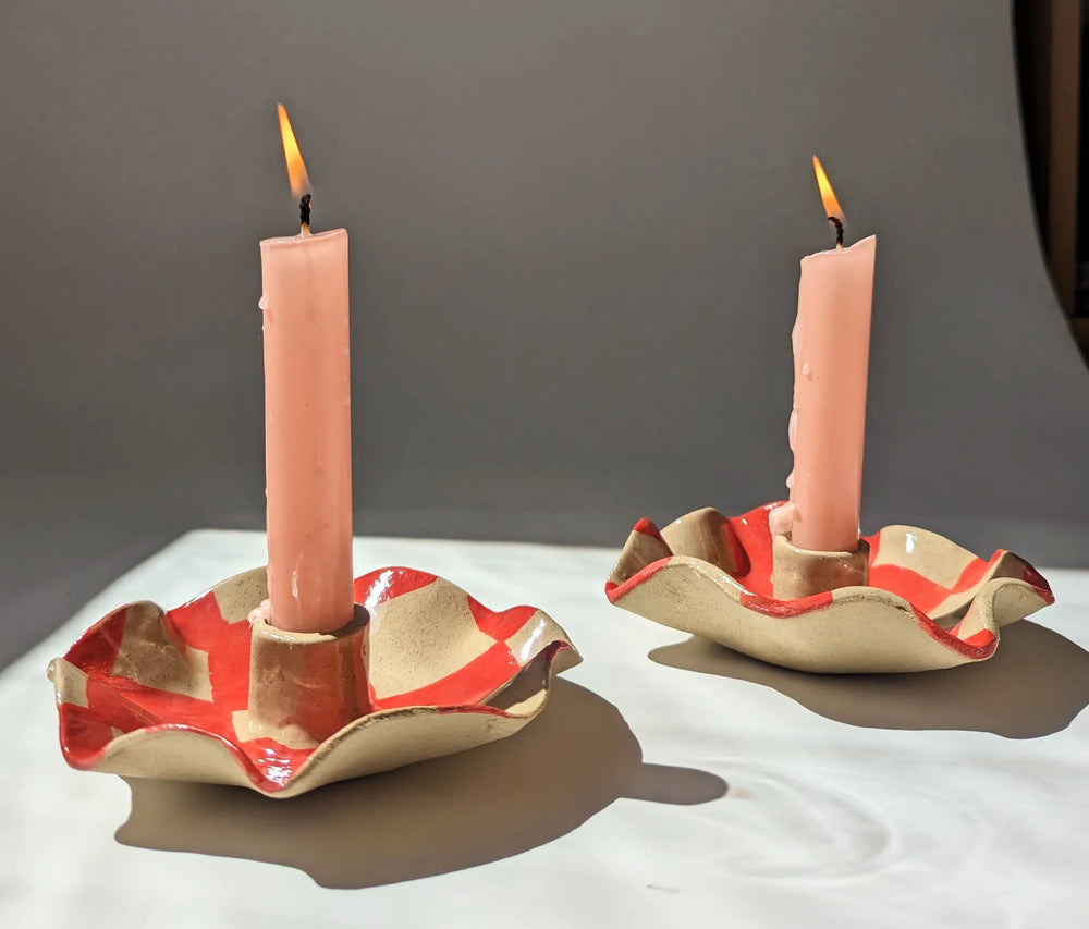 Red Check Scalloped Candle Holders