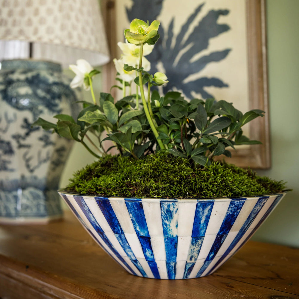 Large Bone Inlay Bowl | Blue & White | Striped