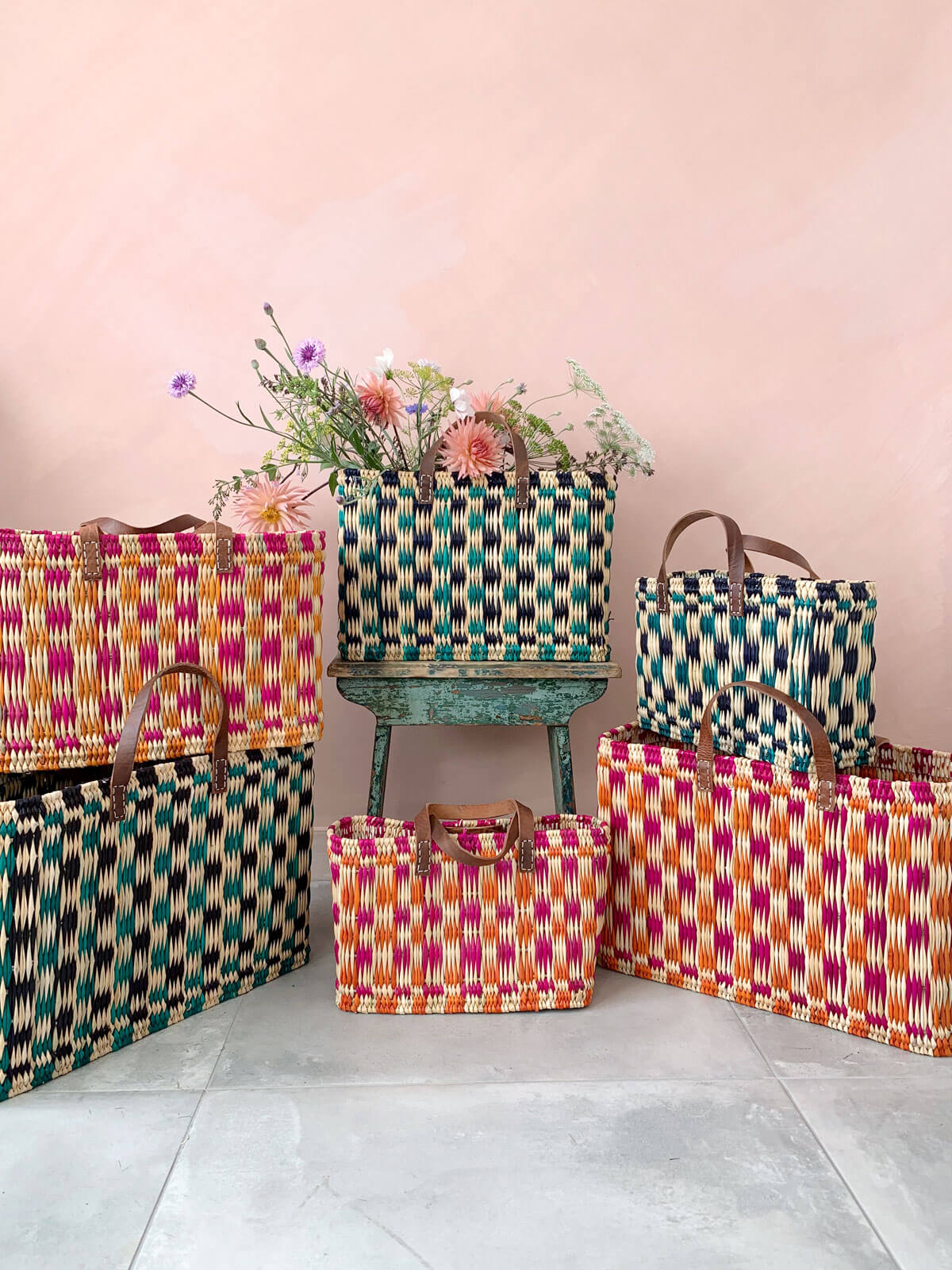 Chequered Reed Basket - Pink + Orange