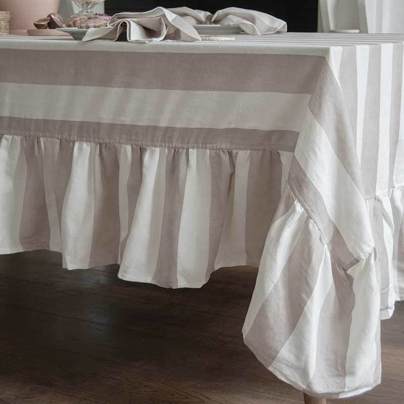 Mocha Striped Rectangle Tablecloth Ruffle