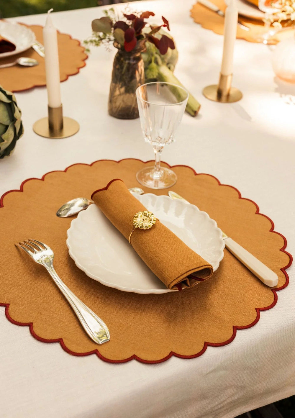 The Yellow and Red Ochre Linen Scalloped Round Placemats (Set of 2)