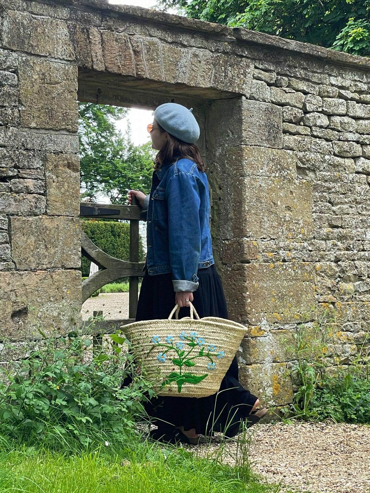 Hand Embroidered Market Basket, Forget-Me-Not