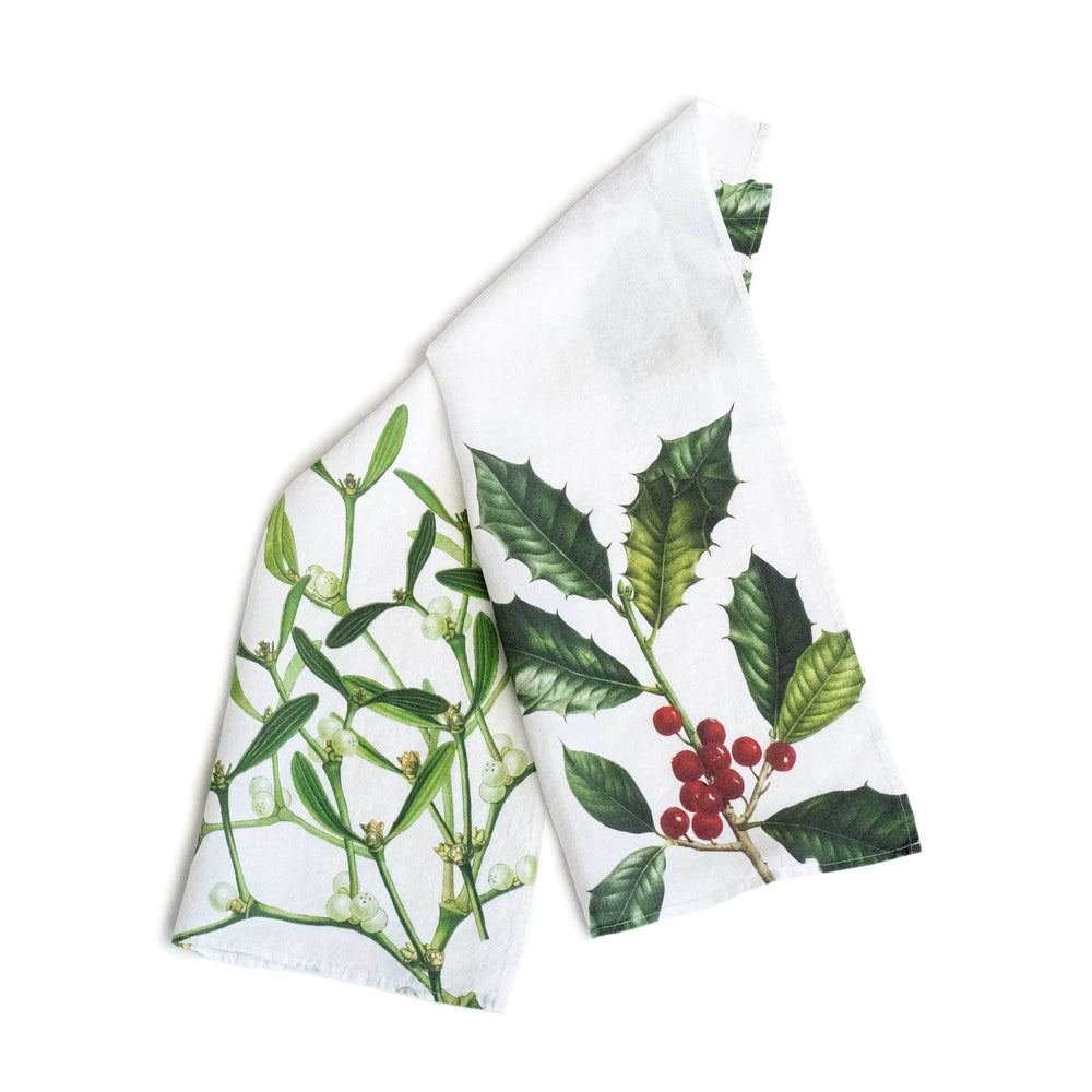 Linen Kitchen Towels HOLLY & MISTLETOE Set of 2 White