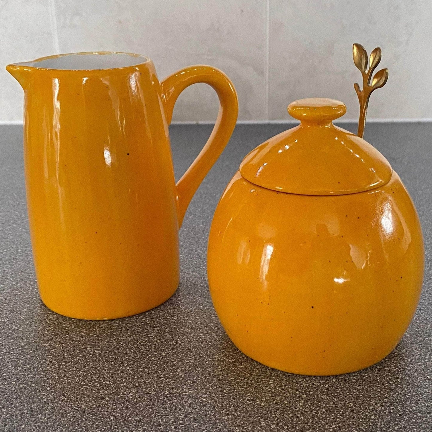 Butter Dish, Sugar Bowl, Spoon Rest and Milk Jug Set - Speckled Yellow