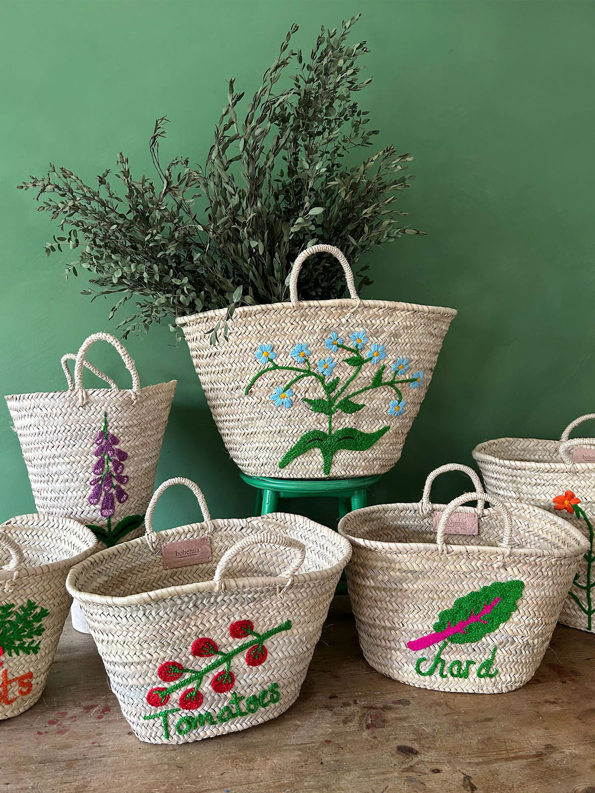 Hand Embroidered Market Basket, Forget-Me-Not