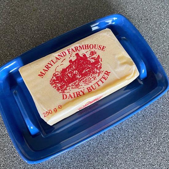 Butter Dish, Speckled Blue with Air Force Blue Dish