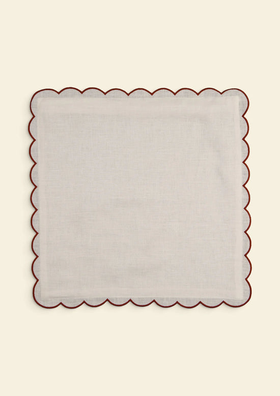 The White & Red Ochre Scalloped Linen Square Cushion