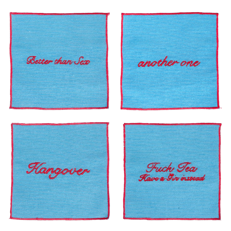 Set of 4 Cocktail Napkins - Light Blue and Red