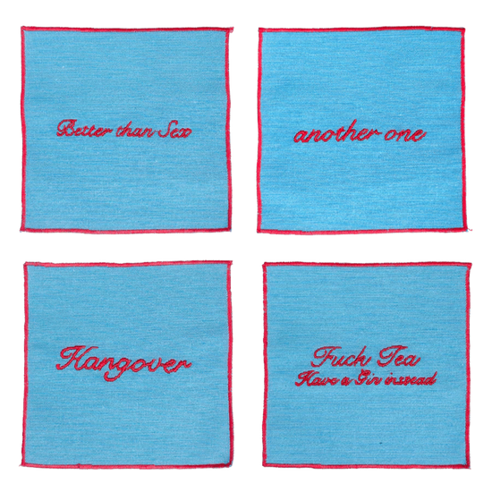 Set of 4 Cocktail Napkins - Light Blue and Red