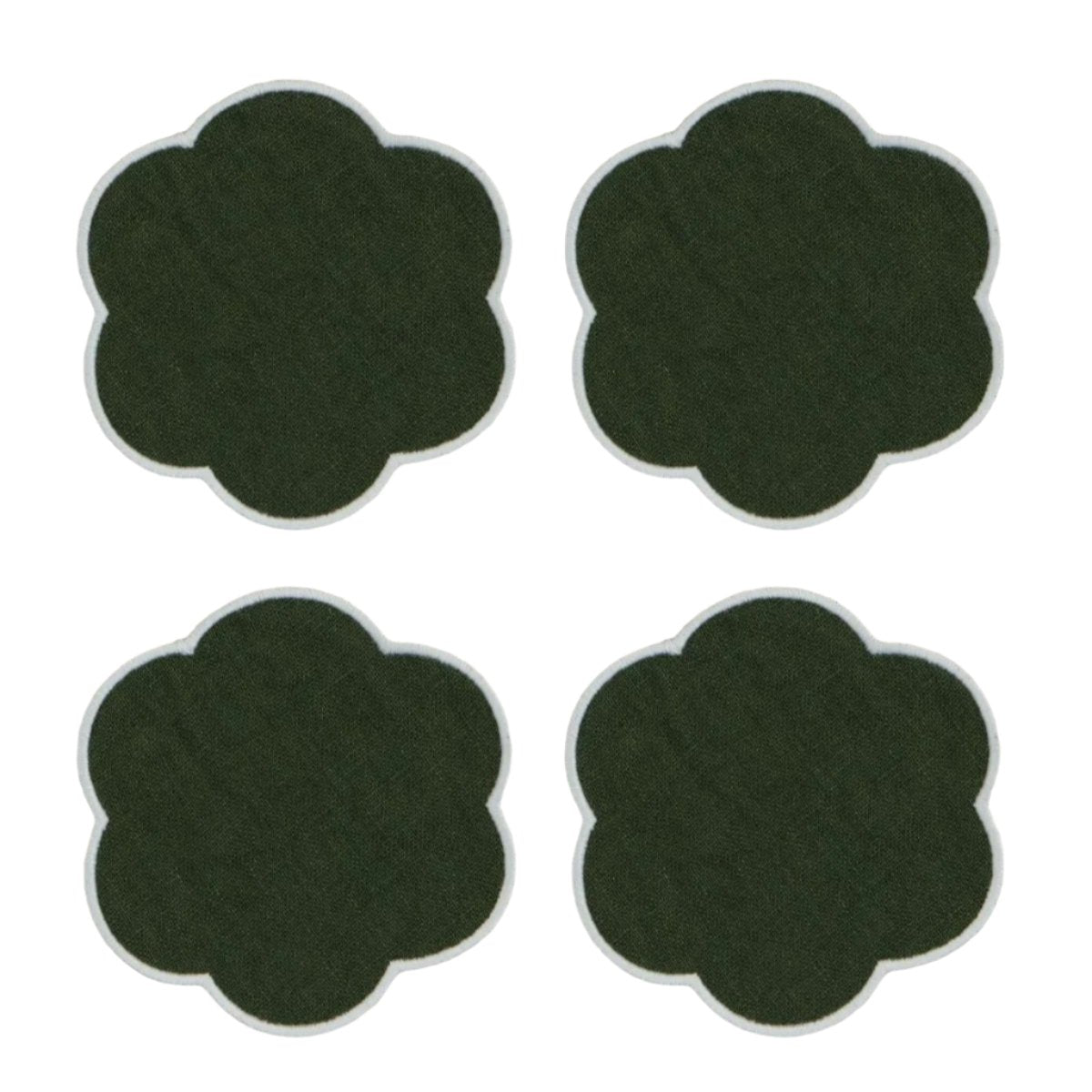 The Forest Green and White Linen Scalloped Coasters (Set of 4)