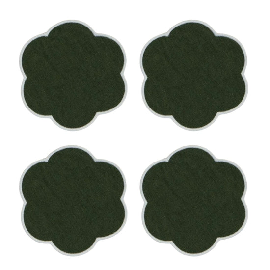 The Forest Green and White Linen Scalloped Coasters (Set of 4)