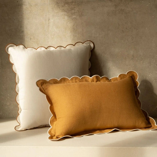 The White & Yellow Ochre Scalloped Linen Square Cushion