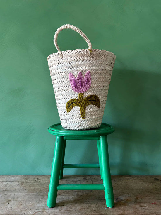 Hand Embroidered Bucket Basket, Tulip