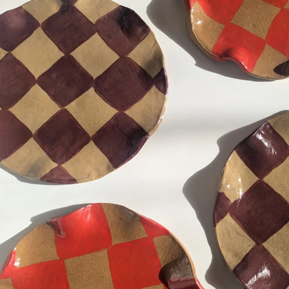 Set of 4 Red & Burgundy Wavy Check Side Plates