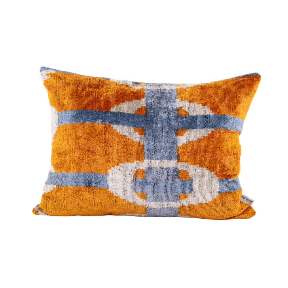 Silk Velvet Ikat Cushion - Orange/ Blue