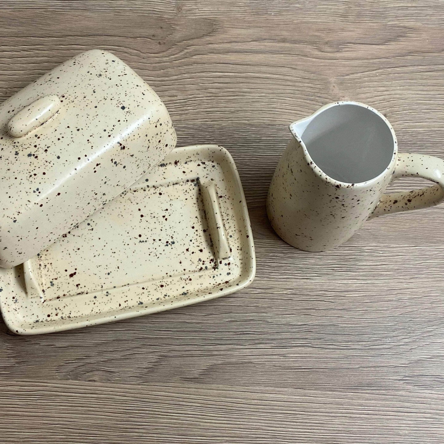 Butter Dish and Milk Jug set in Speckled Honey Glaze