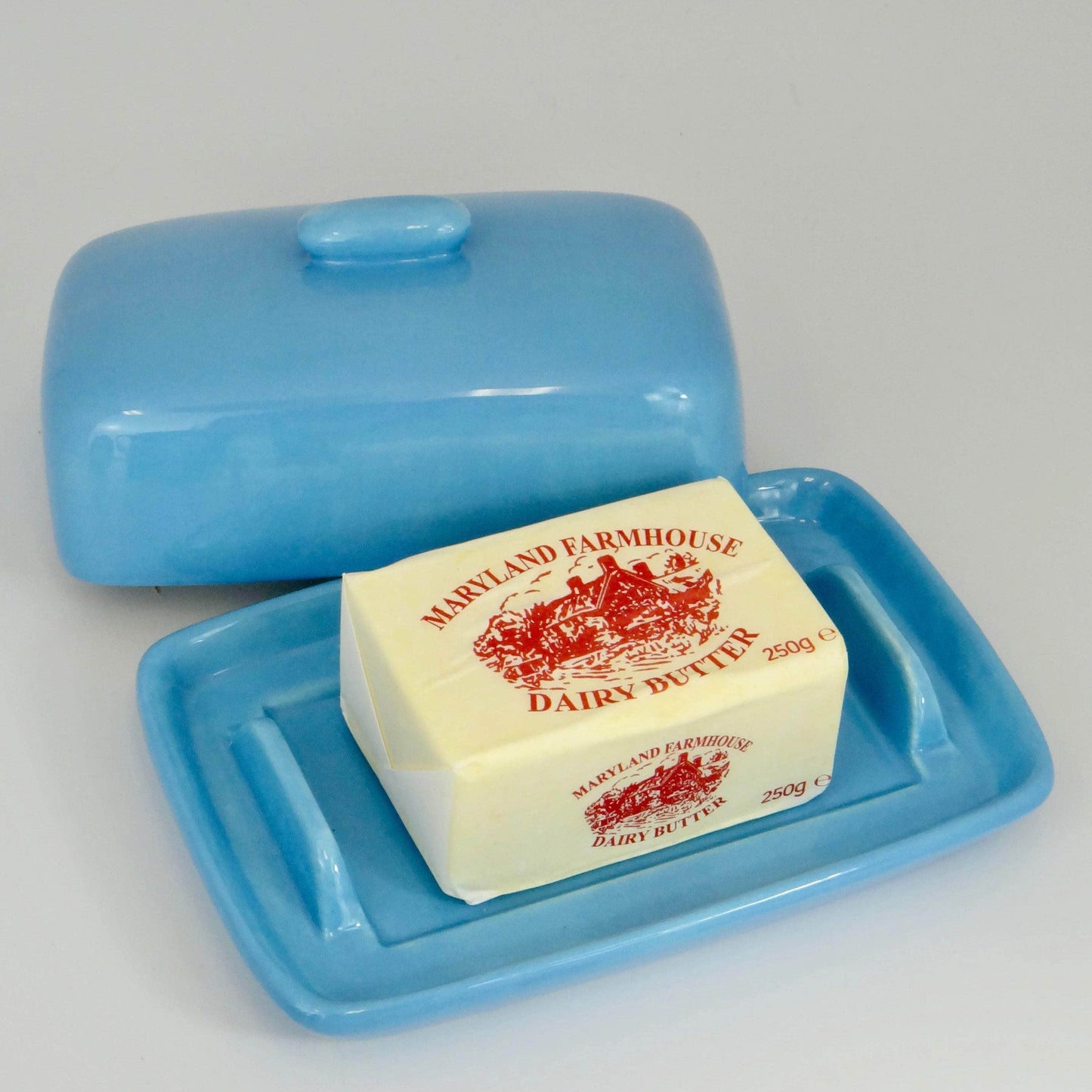 Butter Dish, Sugar Bowl, Milk Jug Set Sky Blue Glaze