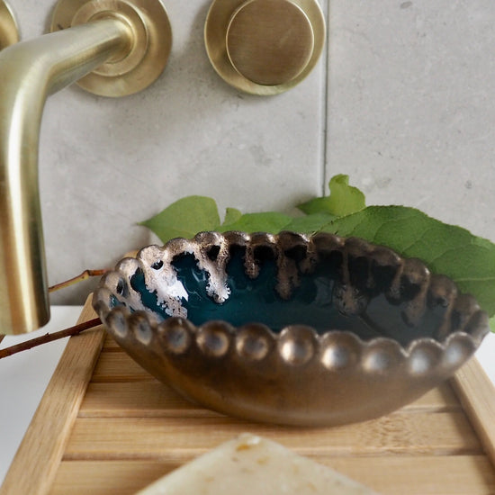 Handmade Teal Blue And Gold Oval Ceramic Soap Dish With Scalloped Top Edge