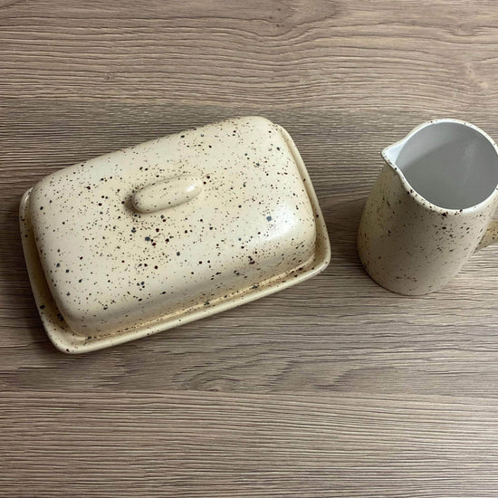 Butter Dish and Milk Jug set in Speckled Honey Glaze