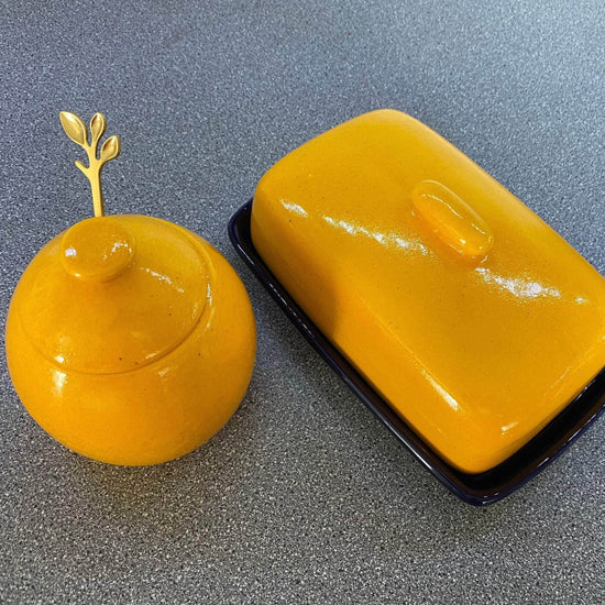 Butter Dish, Sugar Bowl and Milk Jug Set - Speckled Yellow