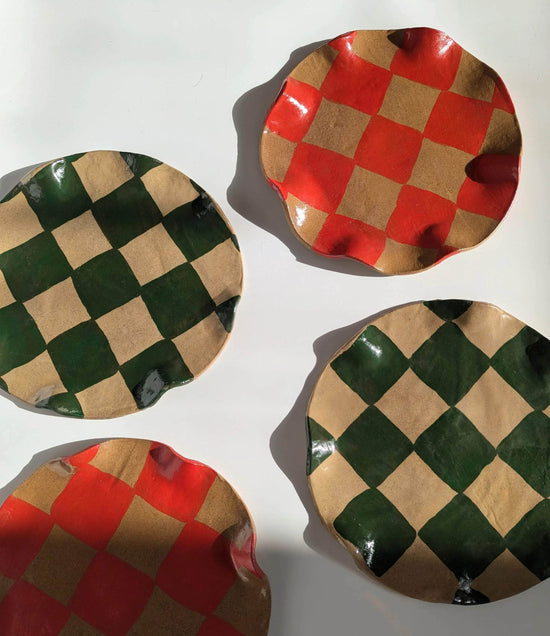 Set of 4 Green & Red Wavy Check Side Plates