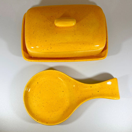 Speckled Yellow Butter Dish and Spoon Rest Set