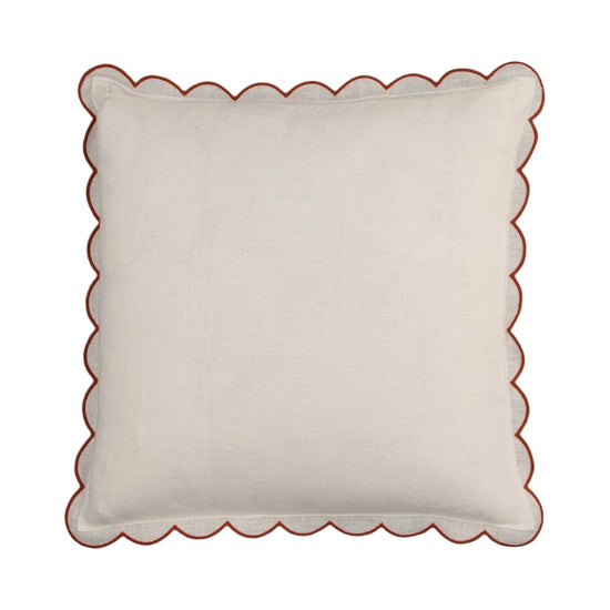 The White & Red Ochre Scalloped Linen Square Cushion