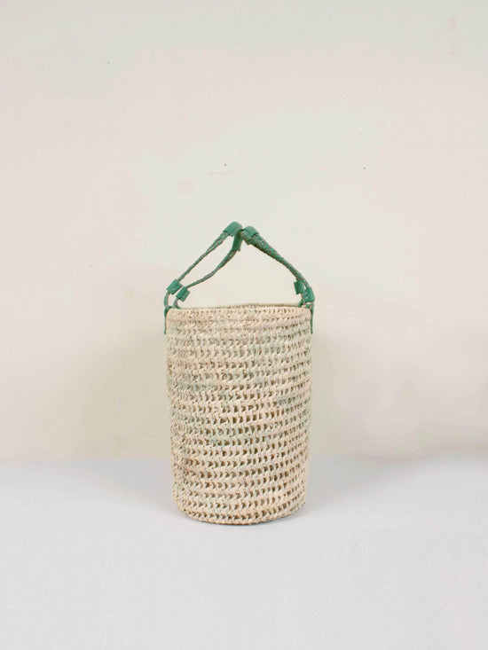 Pleated Leather Handle Basket - Sage