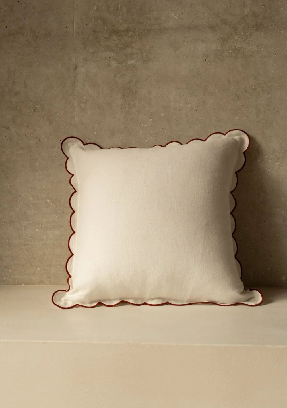 The White & Red Ochre Scalloped Linen Square Cushion