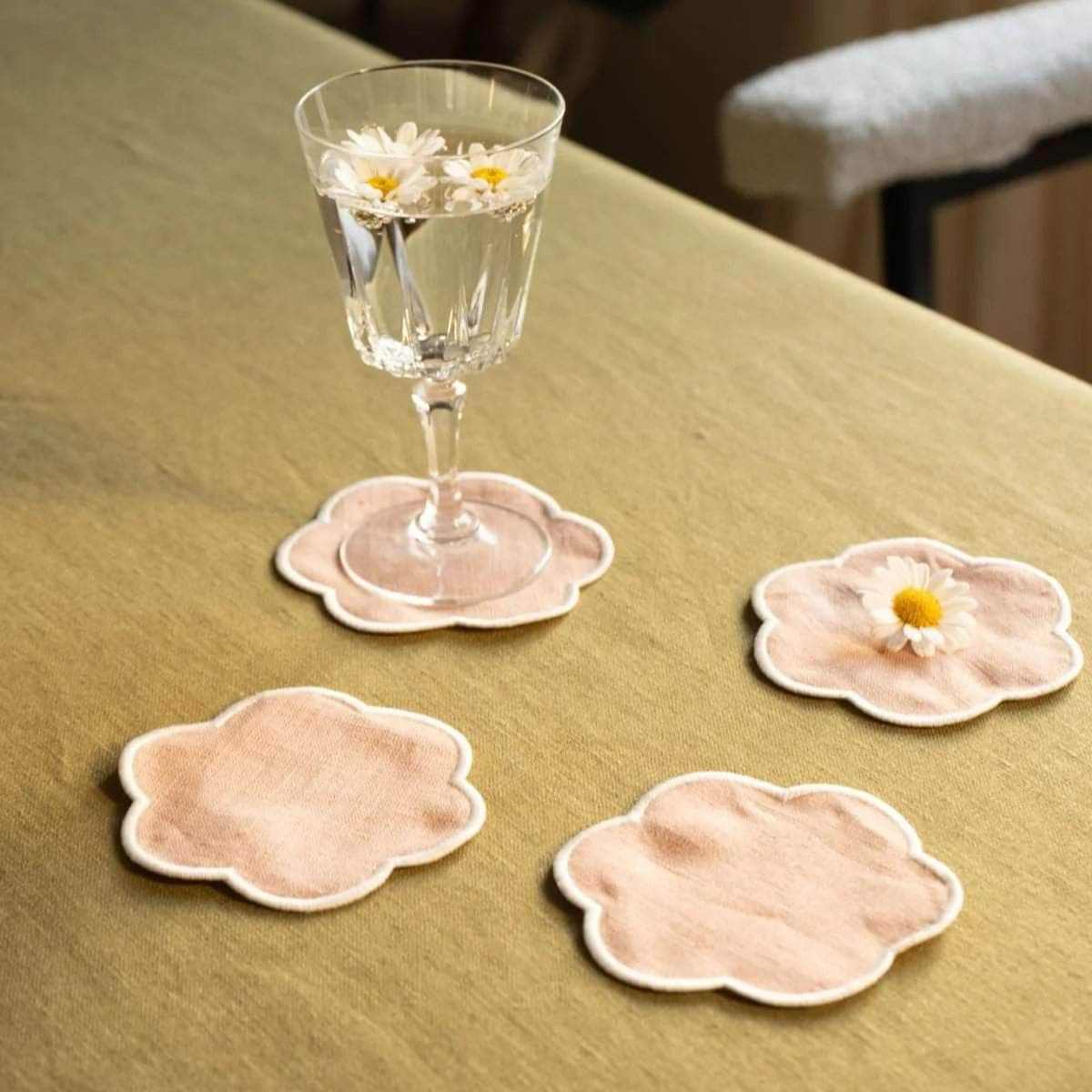 The Blushed Pink and White Linen Scalloped Coasters (Set of 4)