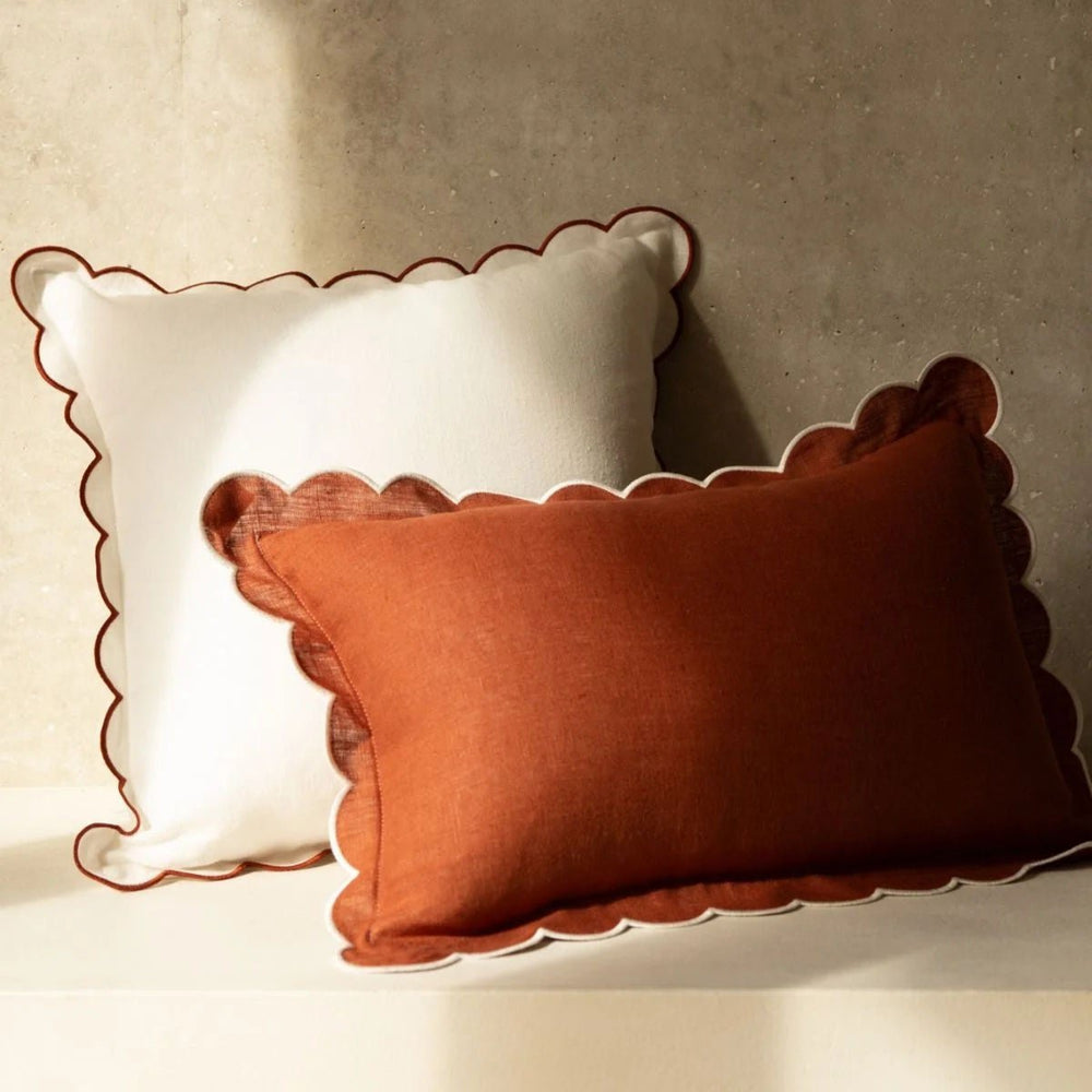 The Red ochre & White Scalloped Linen Rectangular Cushion