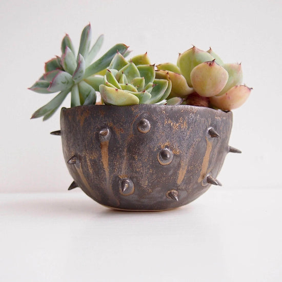 Handmade Spiky Gold Black Ceramic Planter Bowl