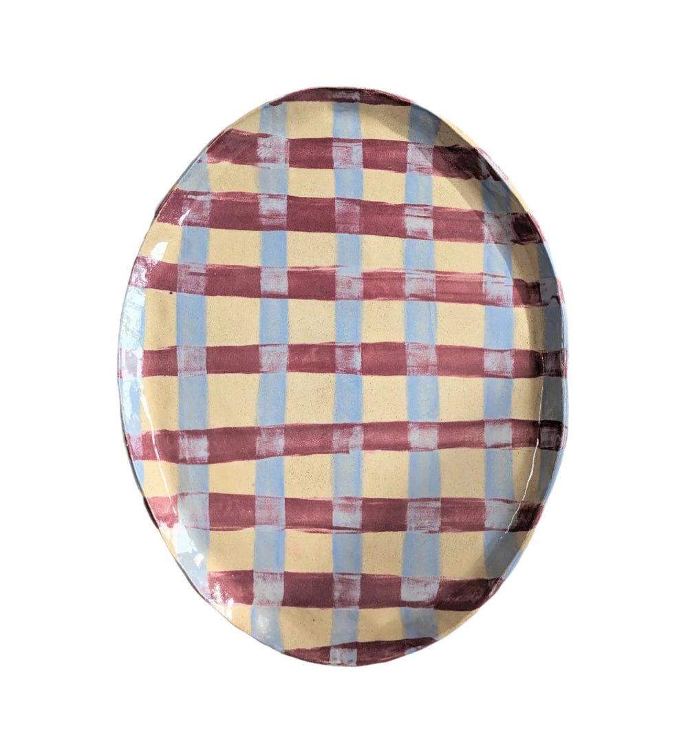 Baby Blue & Burgundy Gingham Oval Platter