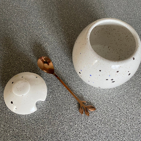 Sugar Bowl with Lid, Jam Pot, Leafy Spoon, Confetti Glaze