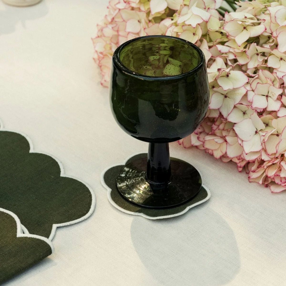 The Forest Green and White Linen Scalloped Coasters (Set of 4)