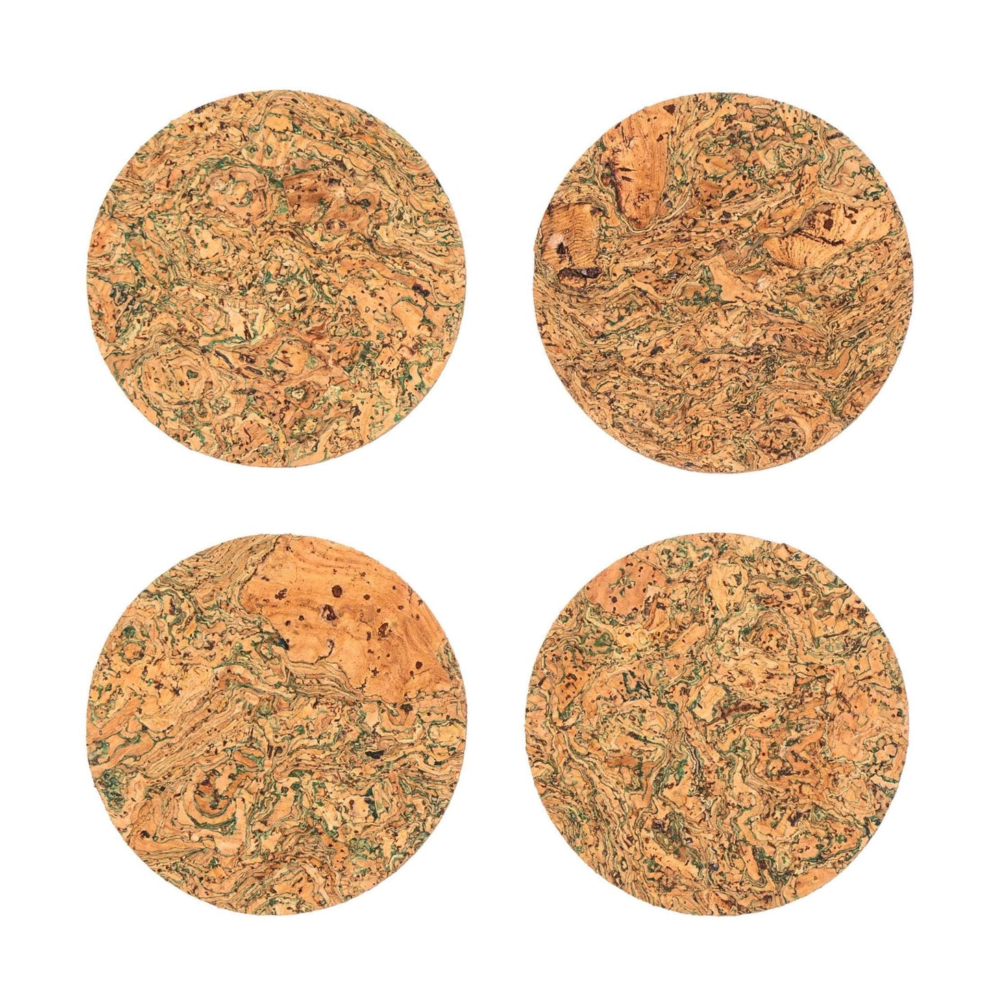 Round Natural Cork Coasters Set of 4 - Green