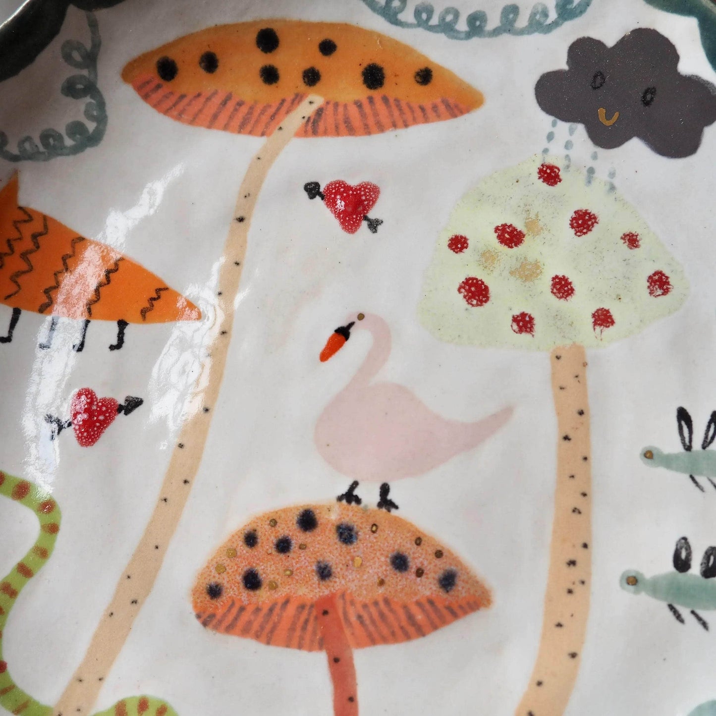 Handmade Illustrated Plate with Toadstools, Swan, Lion, Snake and Clouds