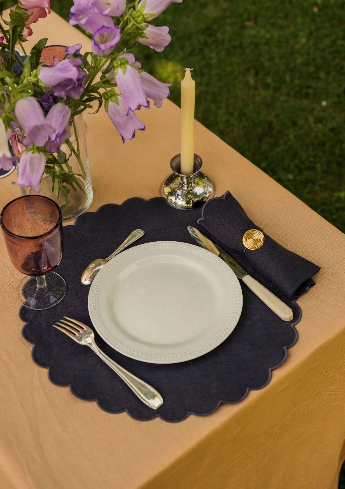 The Slate Blue Linen Scalloped Round Placemats (Set of 2)