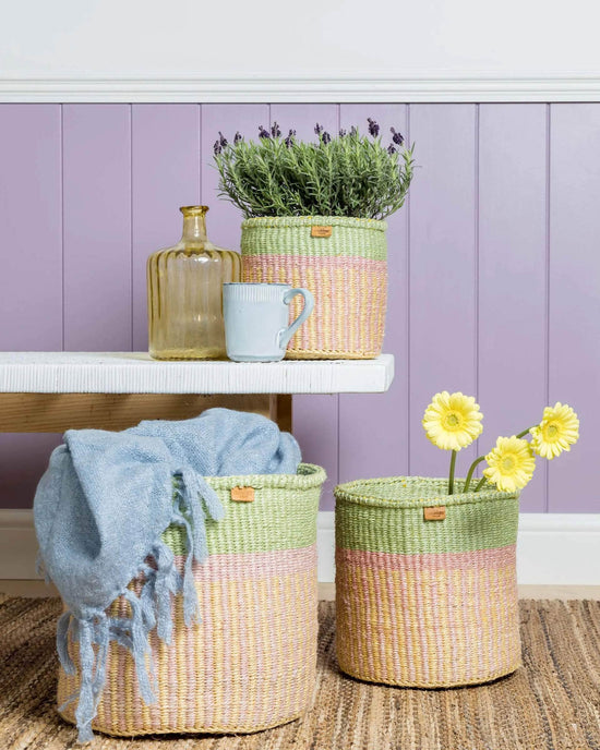 HOJA: Pink, Yellow & Green Stripe Woven Storage Basket