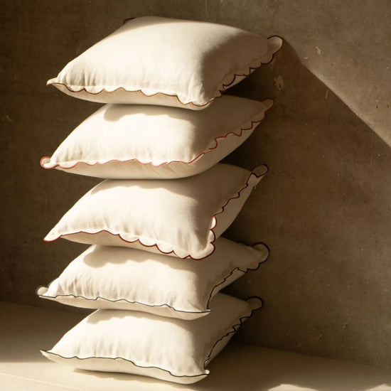 The White & Forest Green Scalloped Linen Square Cushion