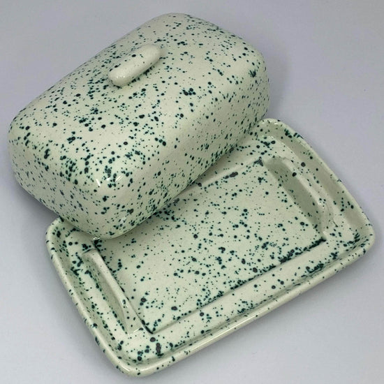 Butter Dish, Sugar Bowl, Milk Jug Set Speckled Green Glaze