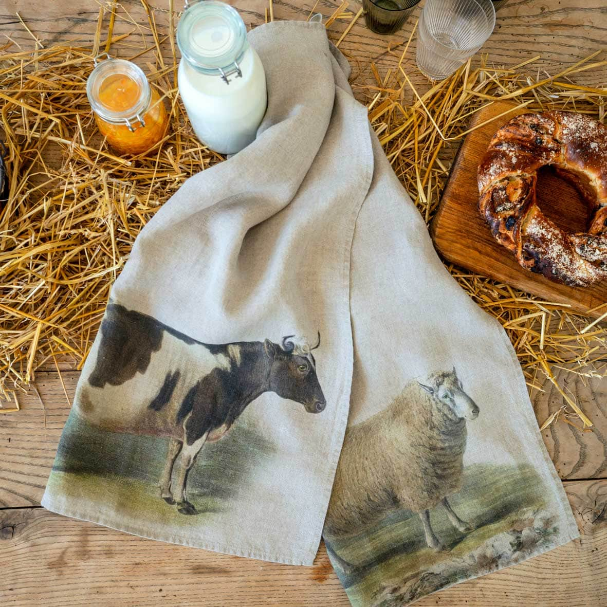 Linen Kitchen Towels SHEEP & COW Set of 2