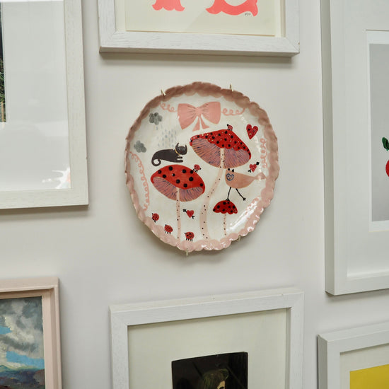 Handmade Illustrated Plate With Toadstools, Cat, Hearts, and Bows.