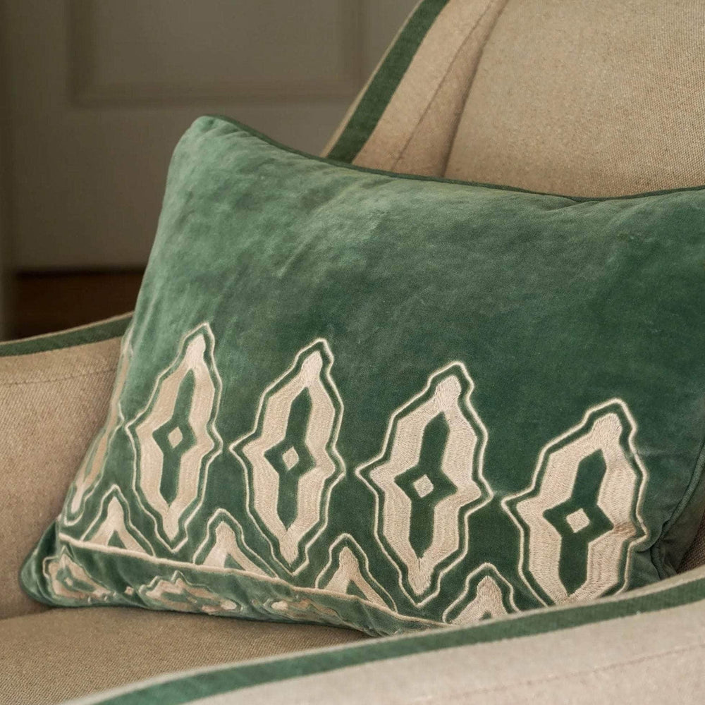 Tara Embroidered Velvet Cushion - Forest Green