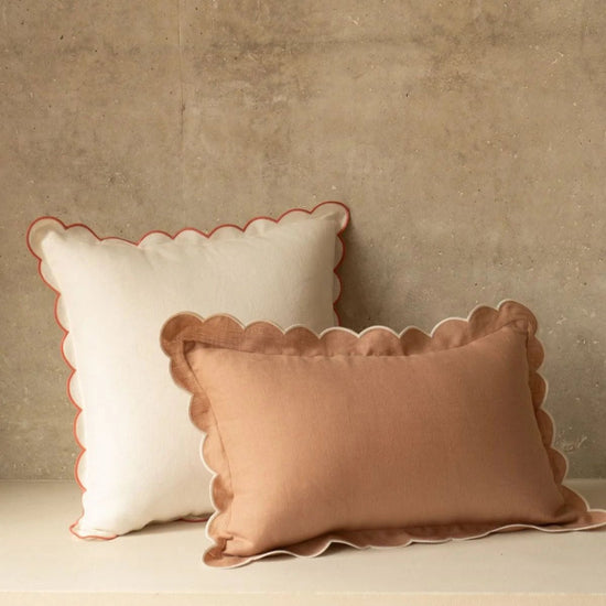 The White & Blushed Pink Scalloped Linen Square Cushion